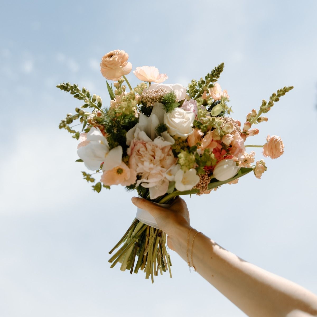 Peach, White & Blush Bridal Bouquet — Thistles Weddings, Pella, Iowa