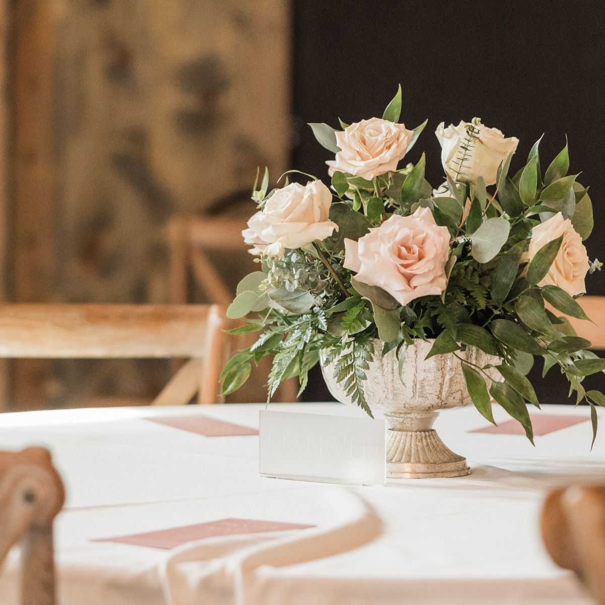 Compote floral decor for wedding reception, Pella, Iowa