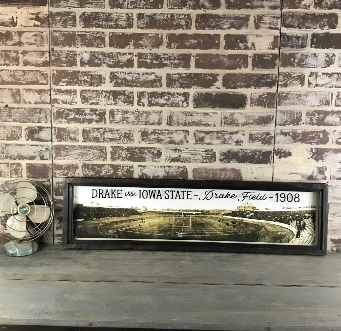 Framed reproduction photo of the 1908 Drake vs. Iowa State football game, sold at Thistles in Pella, Iowa