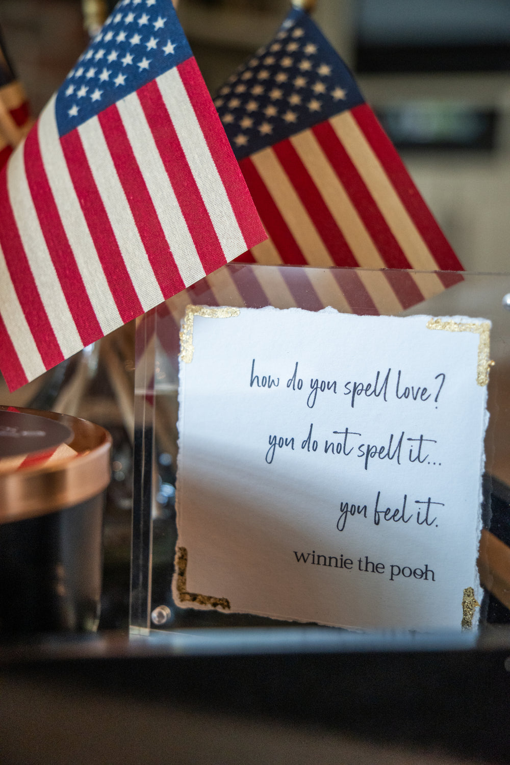 Americana-themed home decor display at Thistles Flower Market in Pella, Iowa