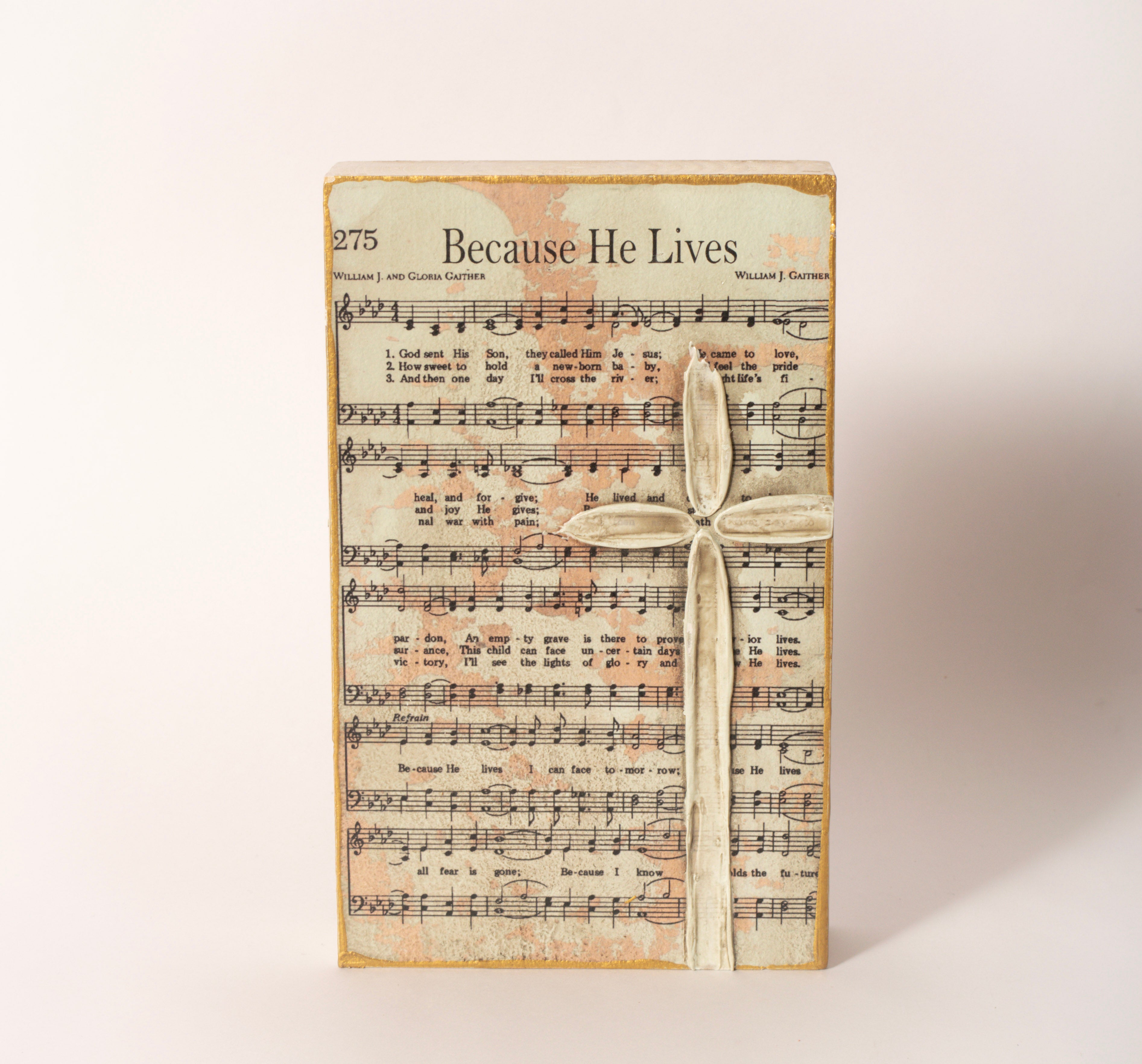 Hand-painted wooden hymn and cross block, 6 by 9 inches, sold at Thistles in Pella, Iowa
