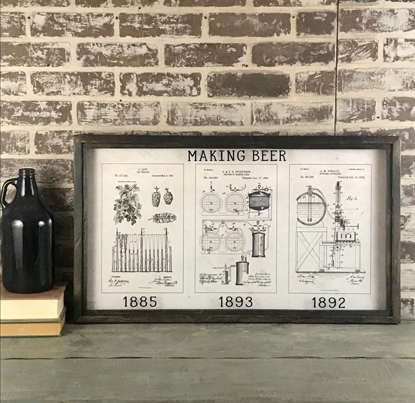 Framed trio of beer-themed patent illustrations, sold at Thistles in Pella, Iowa