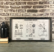 Framed trio of beer-themed patent illustrations, sold at Thistles in Pella, Iowa