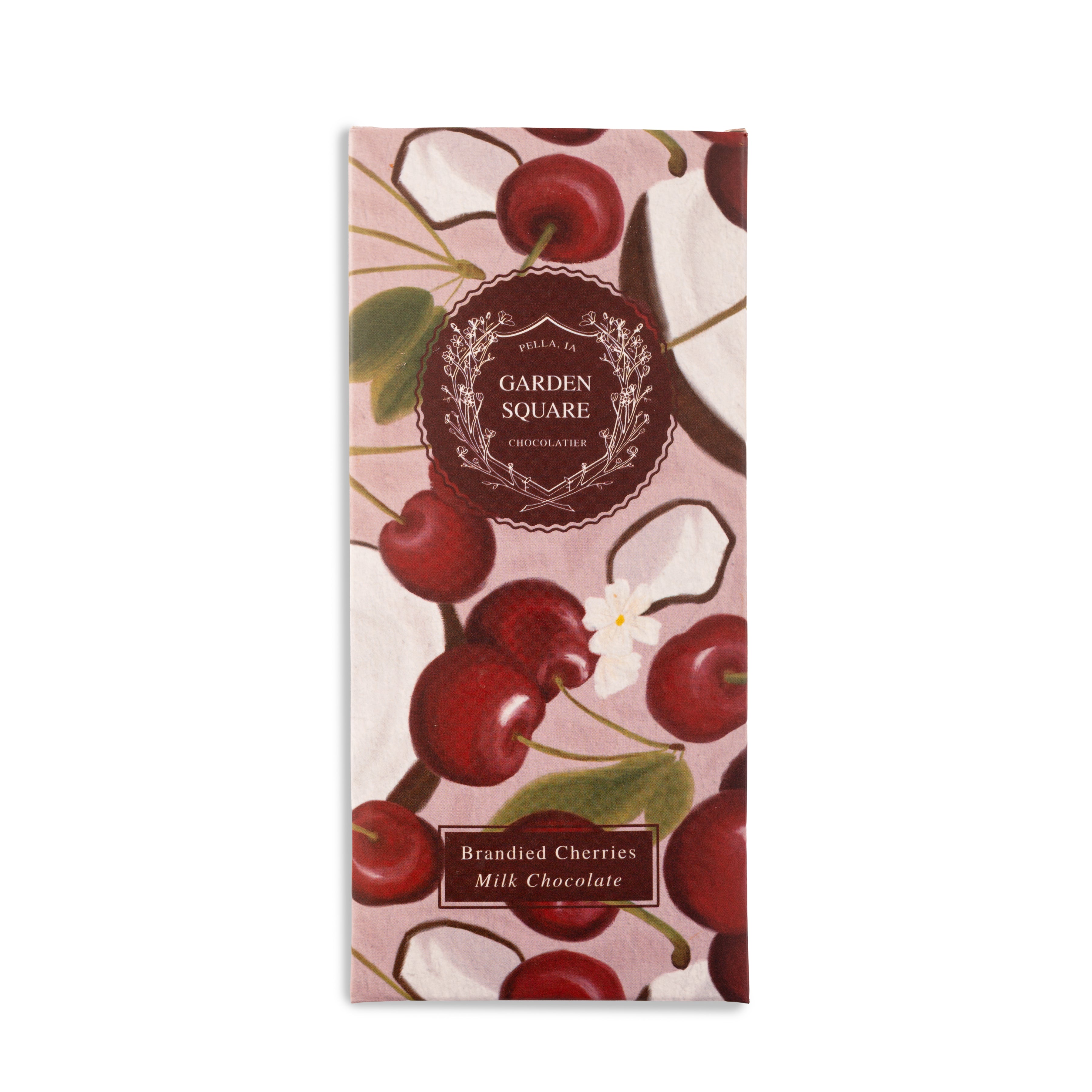 Garden Square Brandied Cherries chocolate bar packaging with cherries and coconut design, Pella, Iowa