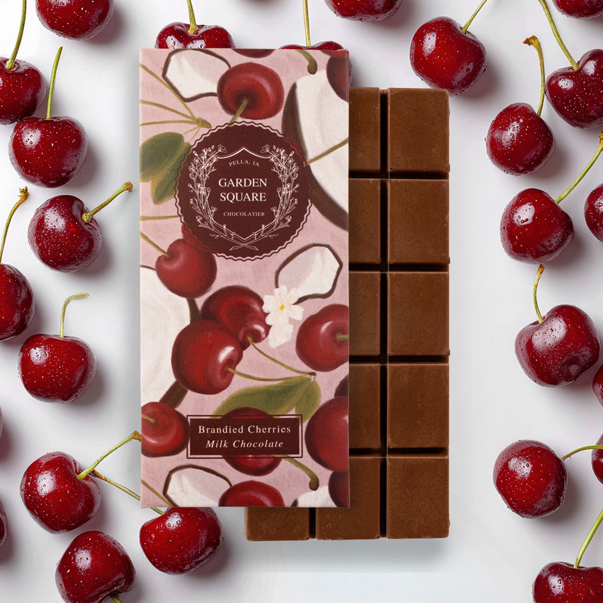 Garden Square Brandied Cherries milk chocolate bar with retail box, Pella, Iowa