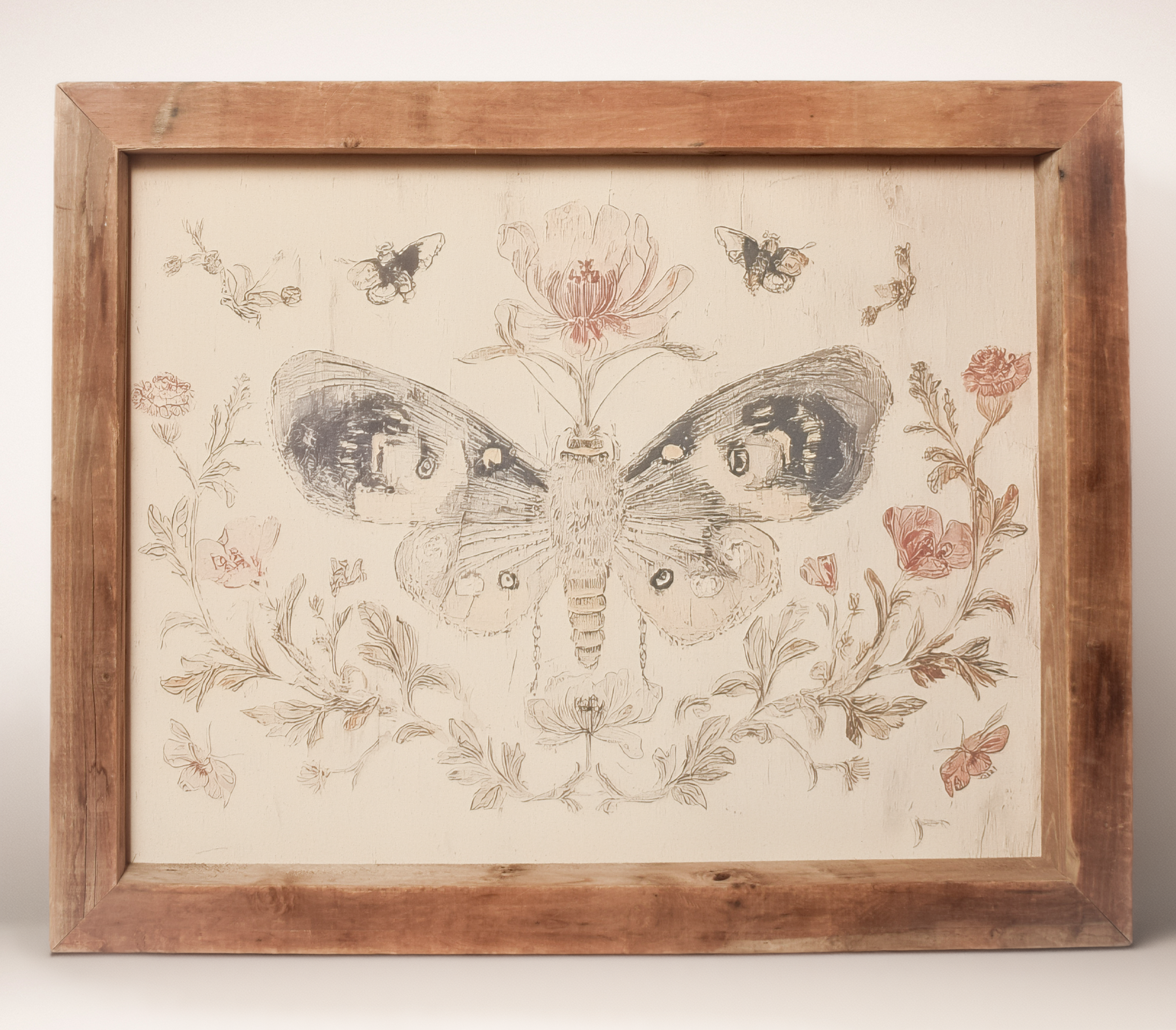 Large butterfly and floral canvas in a timberwood frame, sold at Thistles in Pella, Iowa