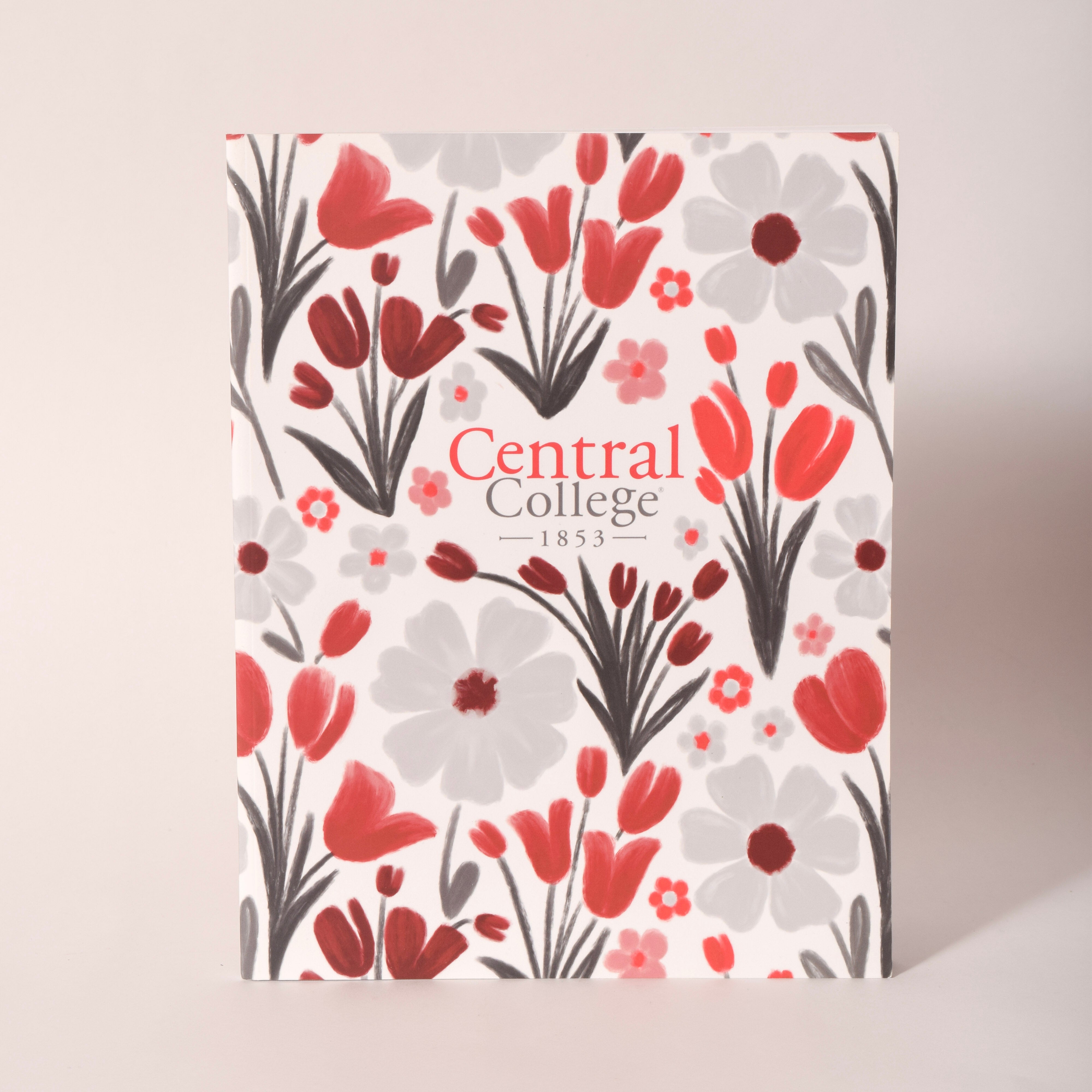 Lined notebook honoring Central College, established 1853, with a floral cover. A local keepsake gift from Pella, Iowa.