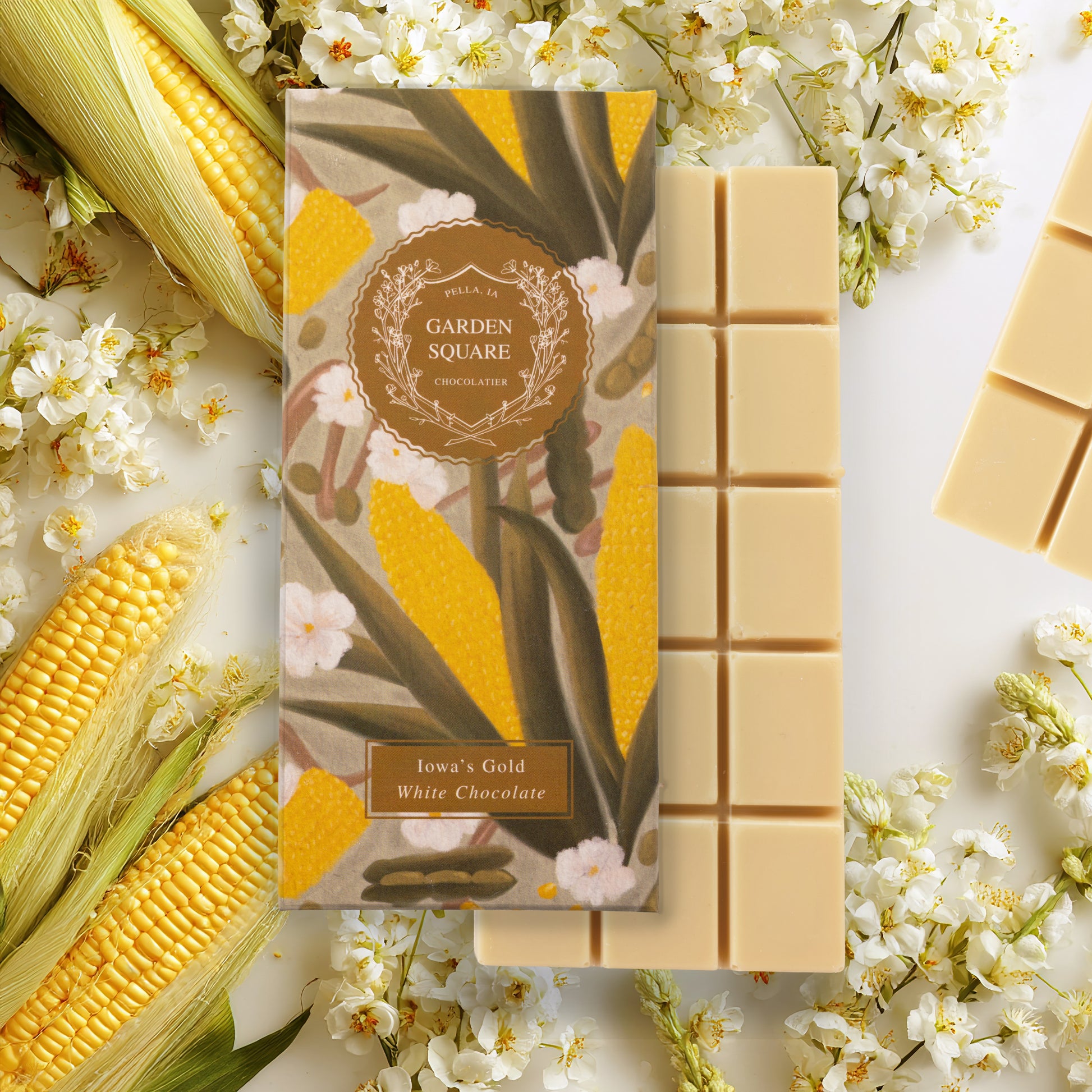 Garden Square Iowa's Gold white chocolate bar with retail box, Pella, Iowa