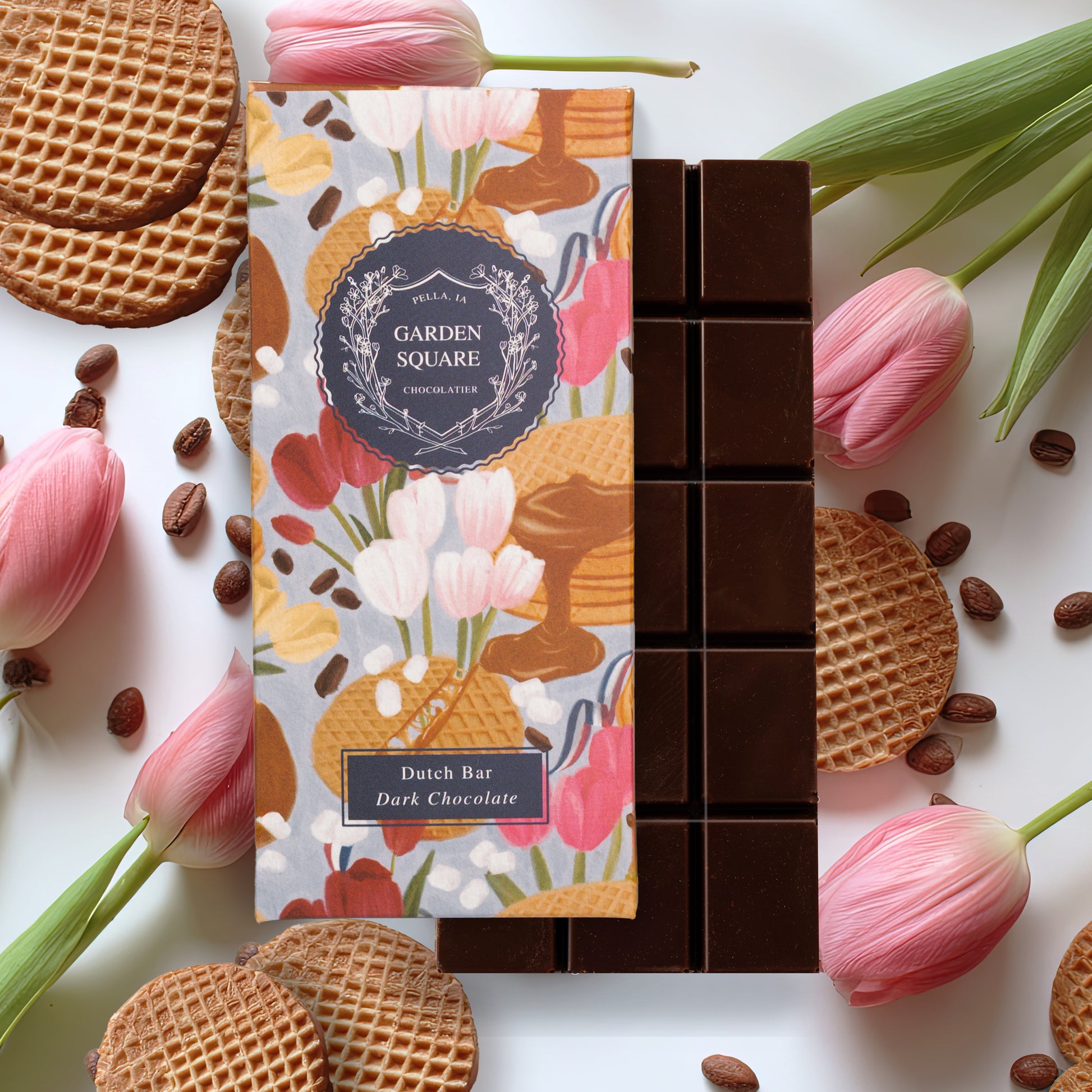 Garden Square Dutch Bar dark chocolate bar with retail box, Pella, Iowa