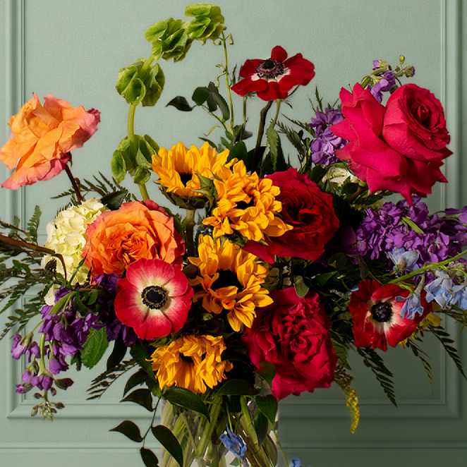 Bright, colorful flower arrangement for sale at Thistles Flower Market in Pella, Iowa for delivery or pick up. 