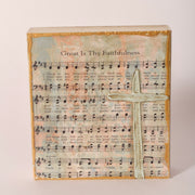 Hand-painted wooden hymn and cross block, 6 by 6 inches, sold at Thistles in Pella, Iowa