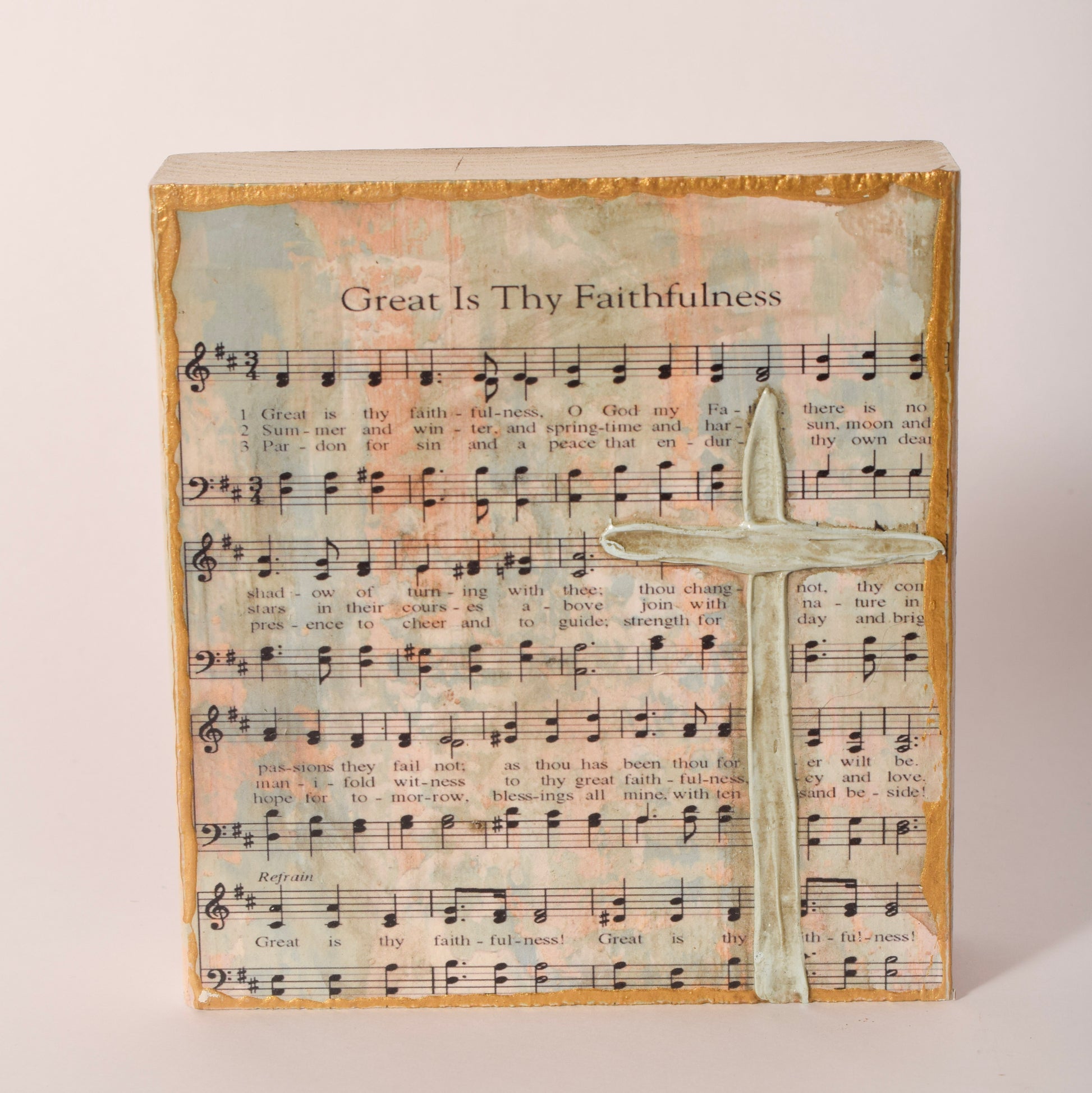 Hand-painted wooden hymn and cross block, 6 by 6 inches, sold at Thistles in Pella, Iowa