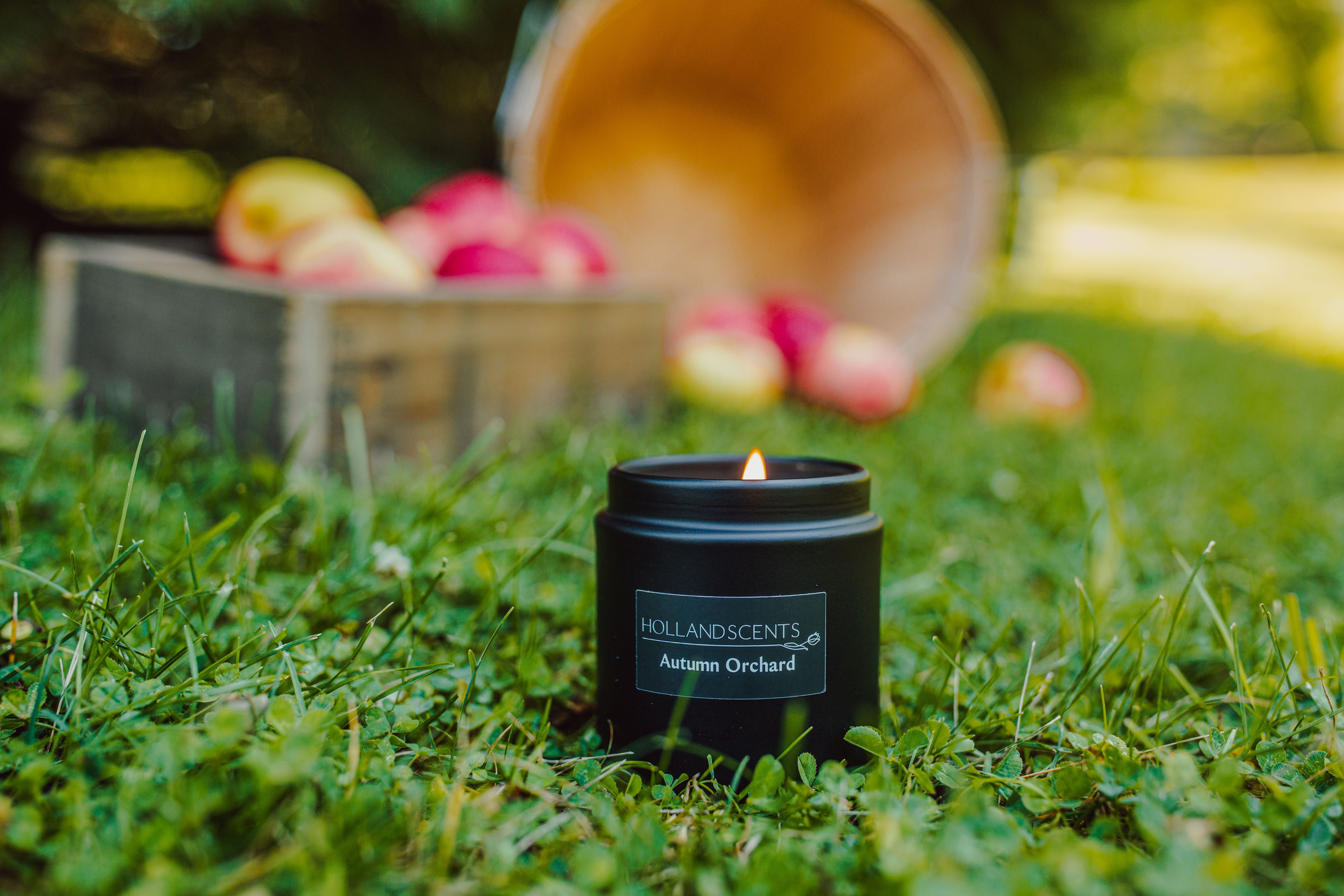 Holland Scents Autumn Orchard soy candle in grass beside a basket of apples, Pella, Iowa