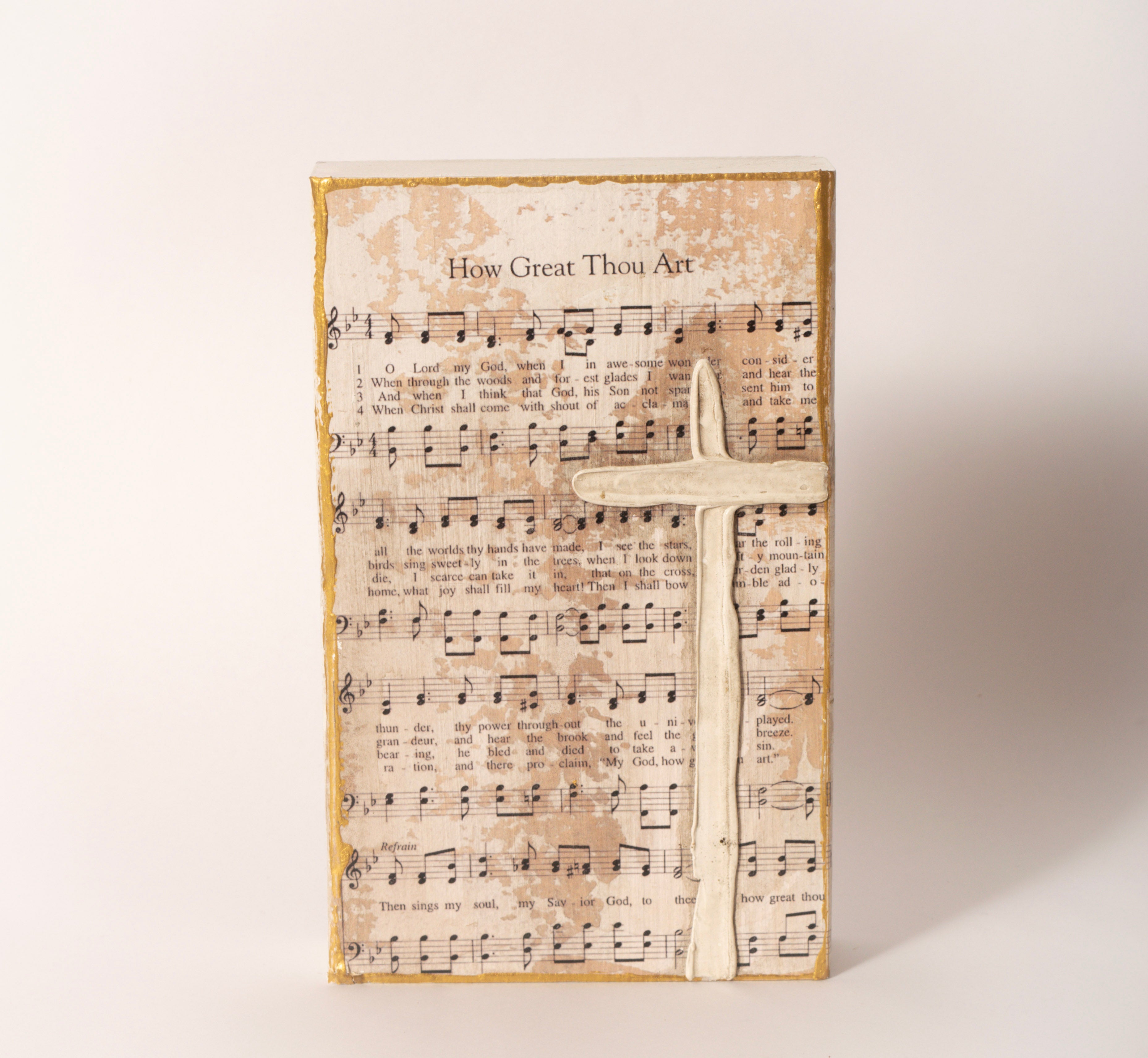 Hand-painted wooden hymn and cross block, 6 by 9 inches, sold at Thistles in Pella, Iowa