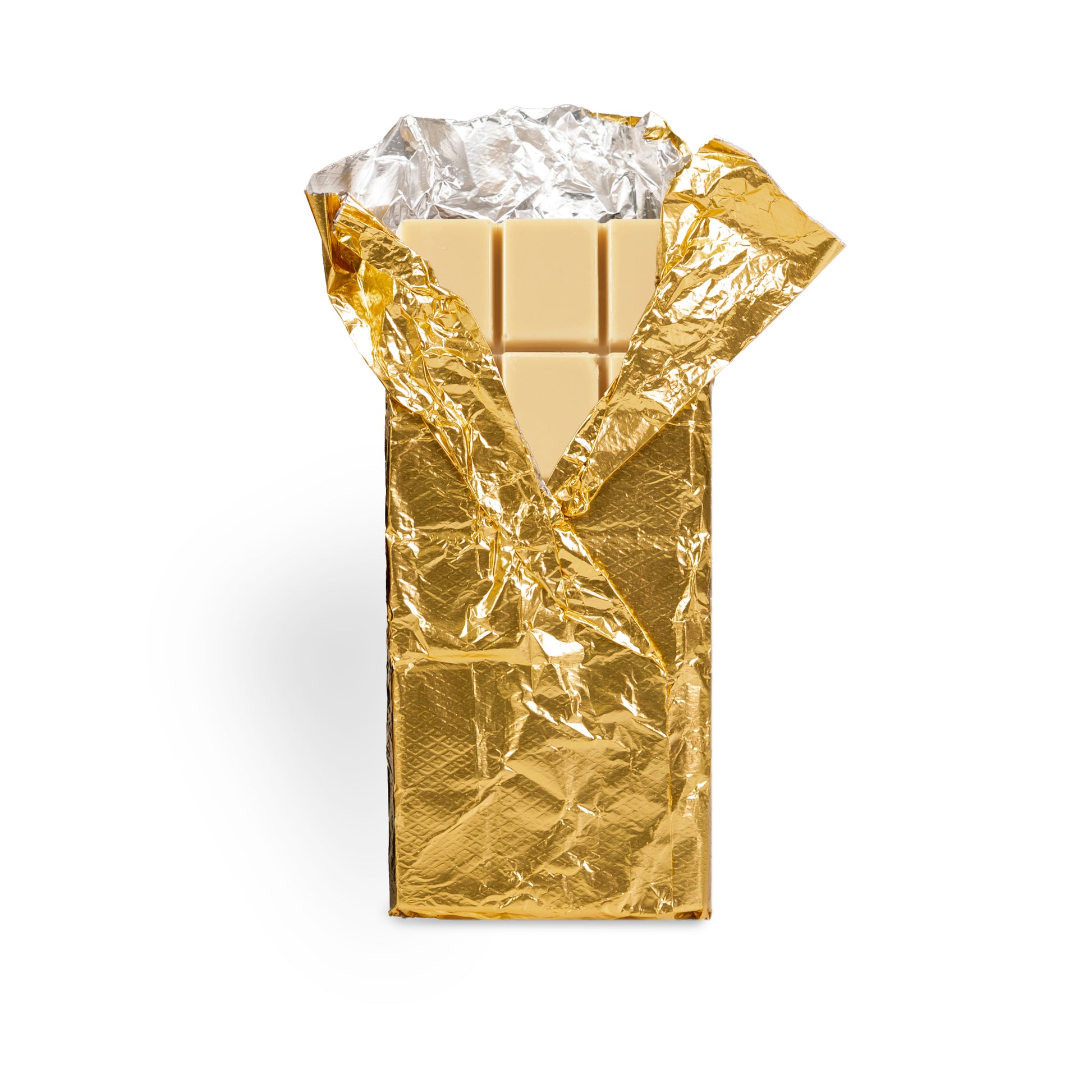 Garden Square Iowa's Gold white chocolate bar in gold foil wrapping, Pella, Iowa