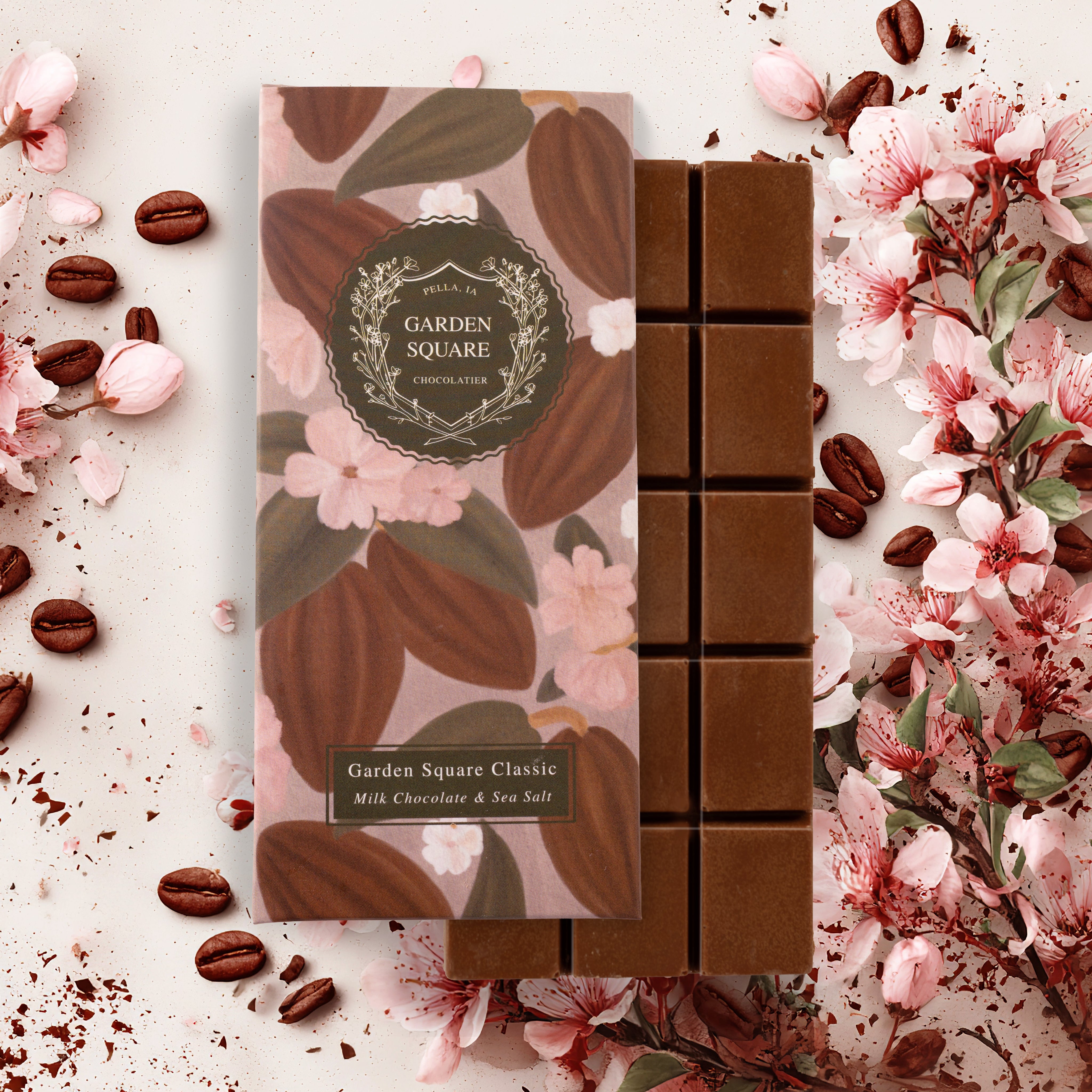 Garden Square Classic milk chocolate bar with retail box, Pella, Iowa