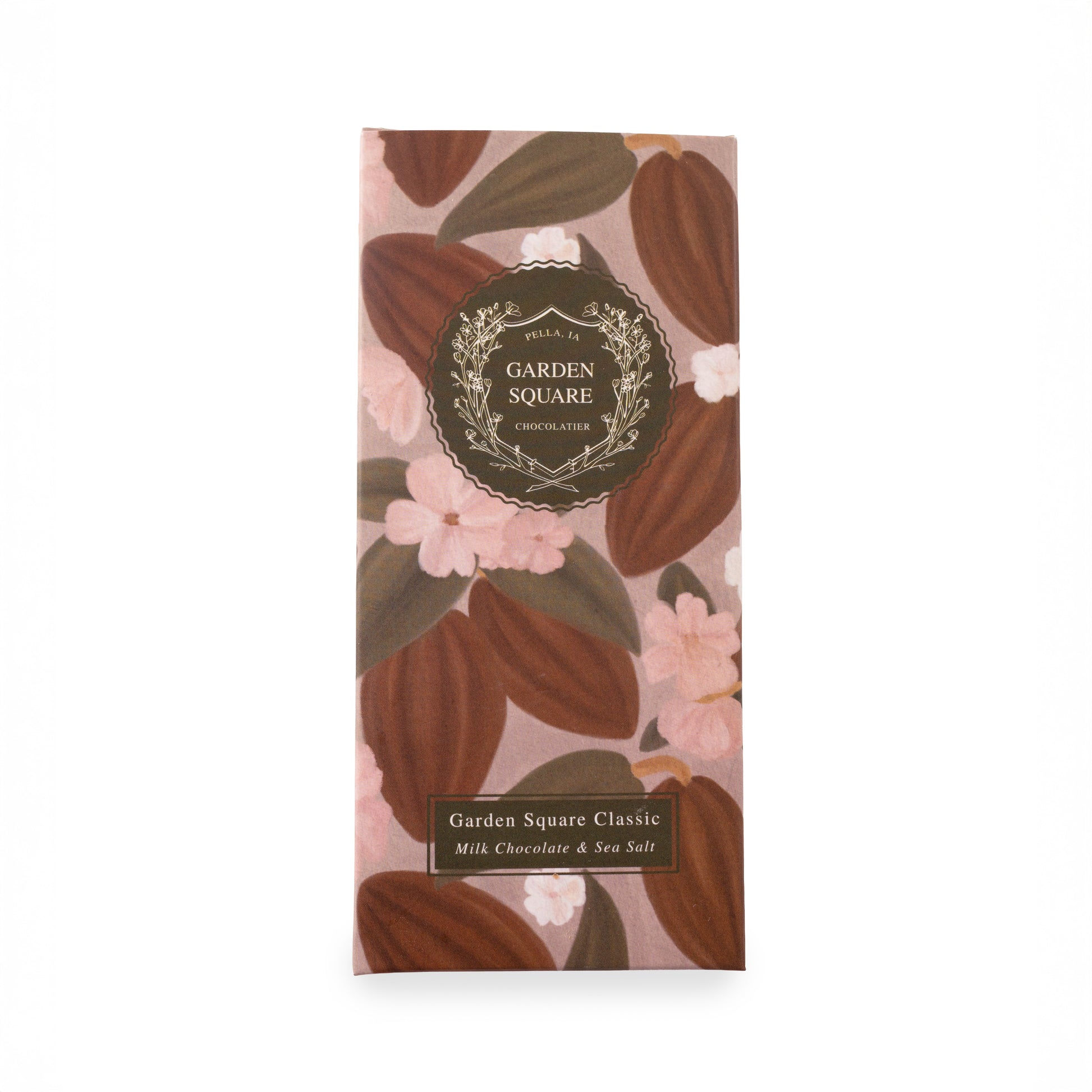 Garden Square Classic chocolate bar packaging with pink and cocoa bean design, Pella, Iowa
