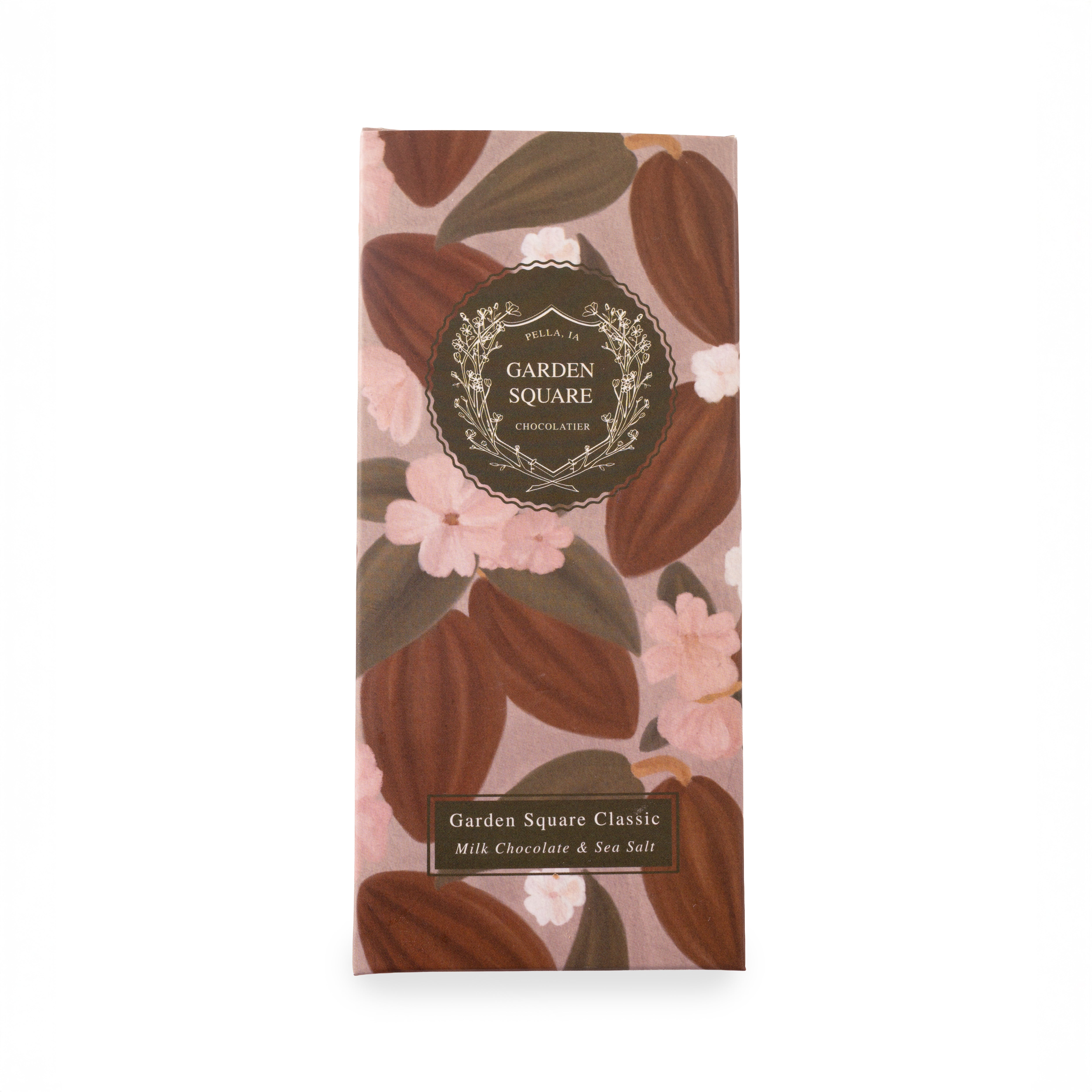 Garden Square Classic chocolate bar packaging with pink and cocoa bean design, Pella, Iowa