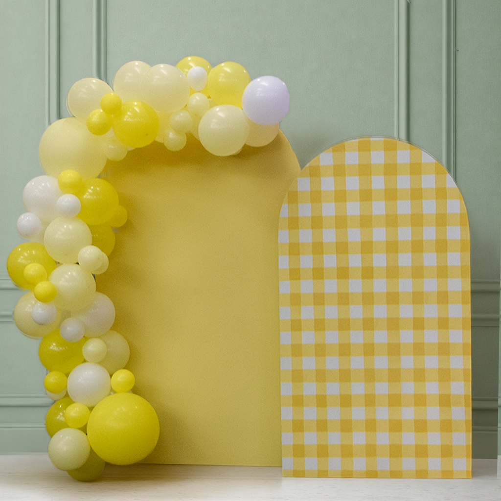 Yellow and white balloon backdrop with matching balloon garland, Pella, Iowa