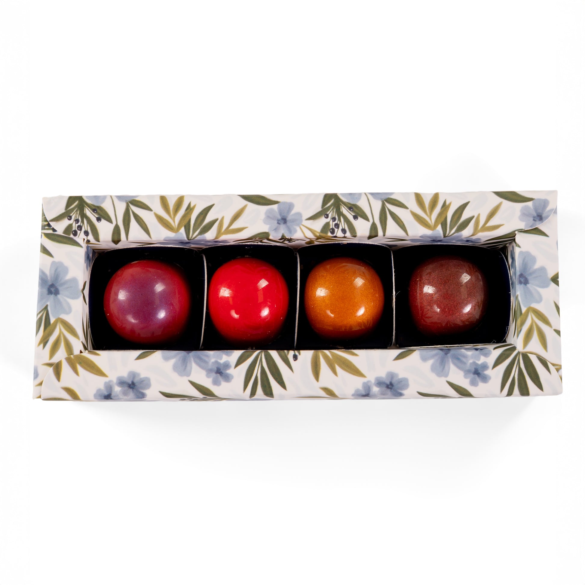 Garden Square Floral Truffles inner drawer showing all four truffle flavors, Pella, Iowa