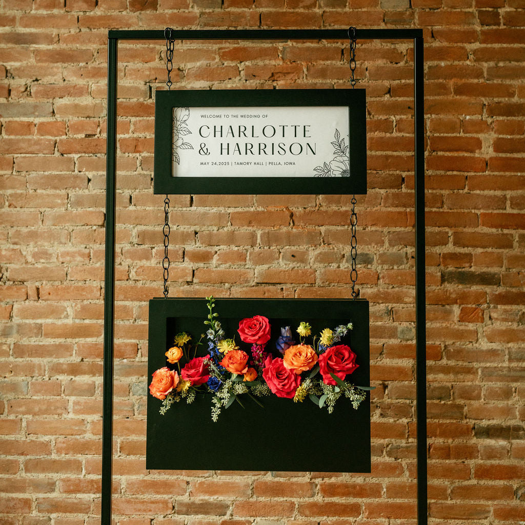 Wedding entry sign with floral box arrangement, Pella, Iowa